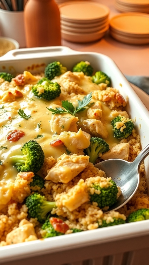 A hearty quinoa chicken and broccoli casserole with melted cheese, served in a baking dish, garnished with parsley.